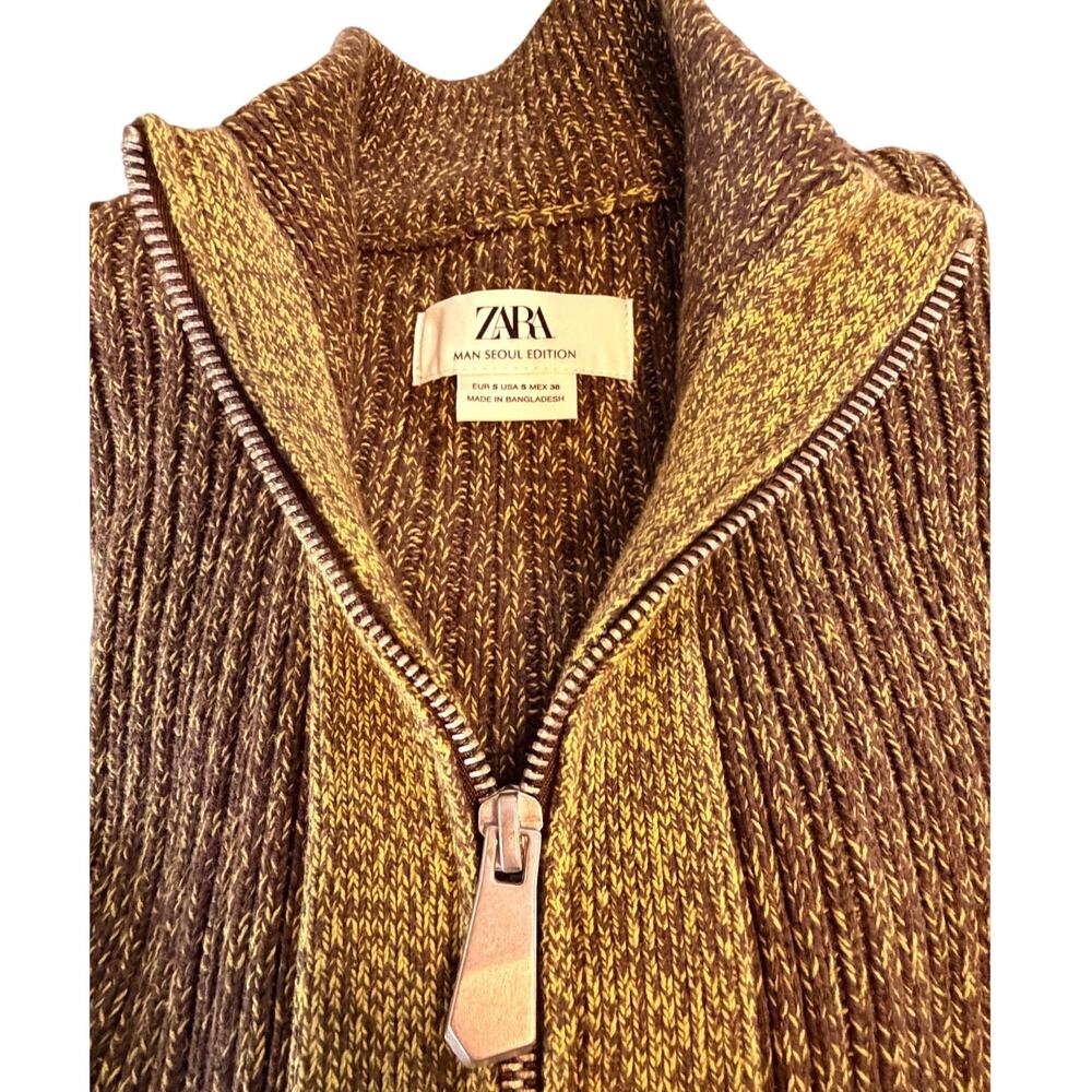 Zara Man Seoul Edition Brown Gold Marled Ribbed Knit Zip Sweater Jacket S